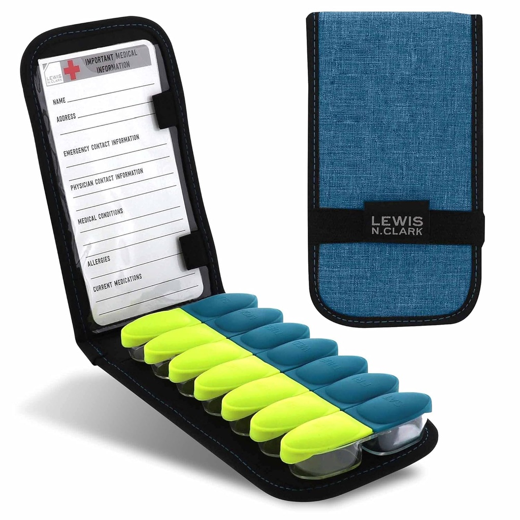 Lewis N. Clark Magnetic Folding Pill Organizer Suplemento Caso para la medicina OTC, Prescripción Vitaminas-14 Ranuras, Turquesa
