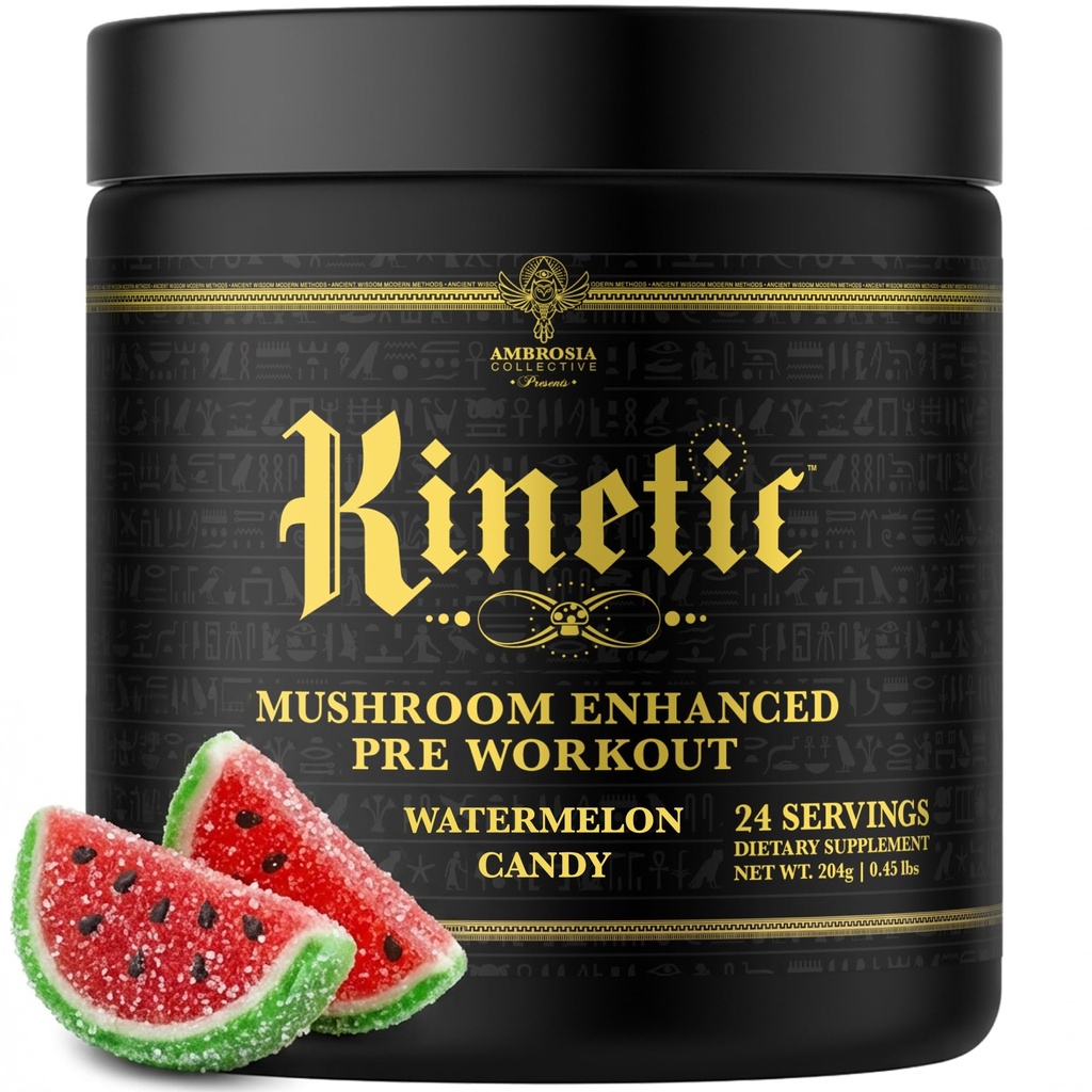 Ambrosia Kinetic Organic Preworkout, Mushroom Enhanced Natural Pre Workout Suplemento, Nootropic Superfood Powder for Energy (Watermelon Candy)