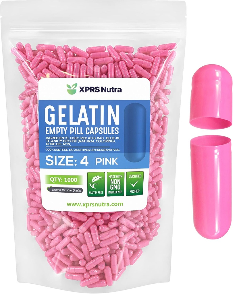XPRS Nutra Size 4 Empty Capsules - 1000 Conteo pequeño Gelatin Capsules - Pills DIY Capsule Filling - Fillable Pure Bovine Pill Gel Caps for Do-It-Yourself Supplements (Pink)
