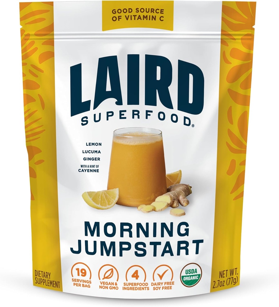 Laird Superfood Morning Jumpstart Powder Drink Supplement, Lemon, Lucuma, Ginger y Cayenne Cleanse, Organic, 2.7 Oz Bag, Pack of 1