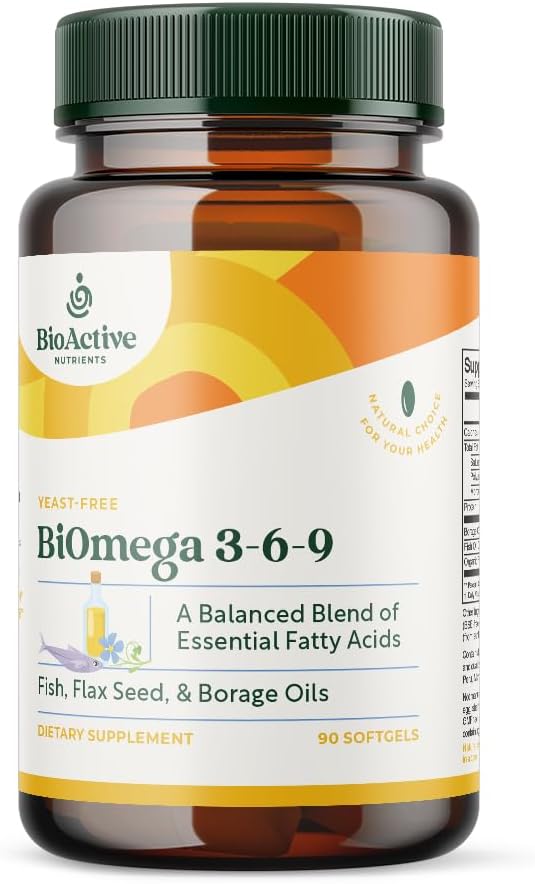 BIOACTIVE NUTRIENTS BiOmega 3-6-9 Suplemento Softgels for Women &amp; Men - Omega 3 6 9 - Complejo de los mejores pescados, aceite de linaza y suplementos de aceite de borrado - 1200mg - 90 Softgels
