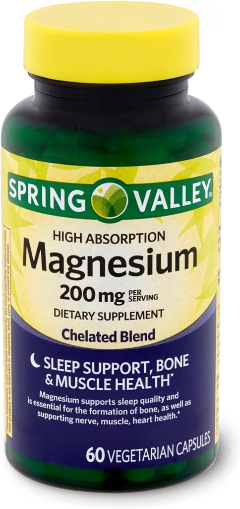 Absorción alta del valle de primavera Magnesio 200 mg Apoyo al sueño 60 cápsulas + su guía de vitaminas