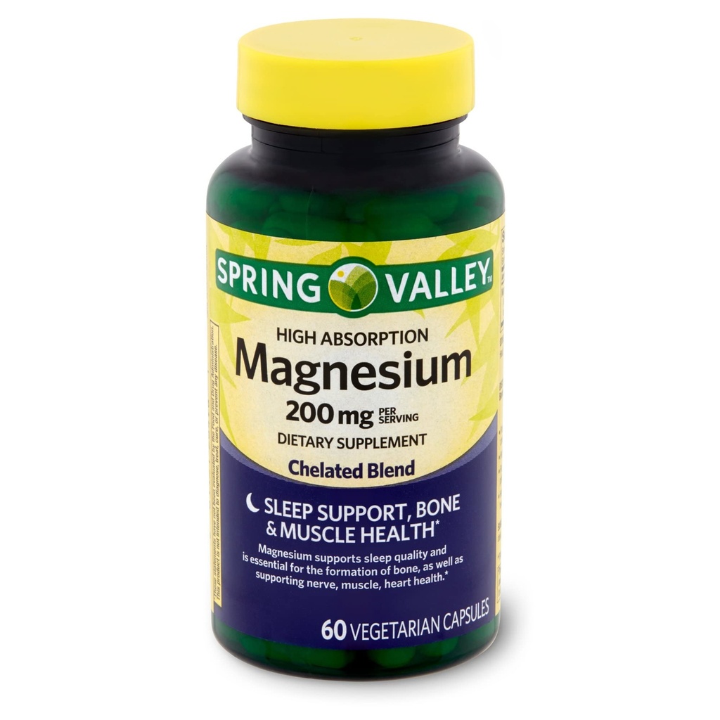 Absorción alta del valle de primavera Magnesio 200 mg Apoyo al sueño 60 cápsulas + su guía de vitaminas