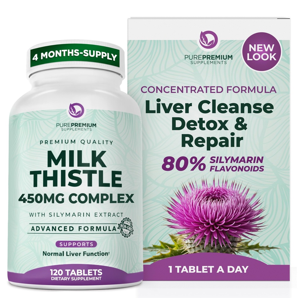 Suplemento de carburante de leche pura Premium – Reparación de desintoxicación de limpieza en vivo, 80% Silymarin Standardized Extract – High Potency 450mg Complex Supports Normal Liver Function – Non-GMO, Gluten-Free - 120 Supply