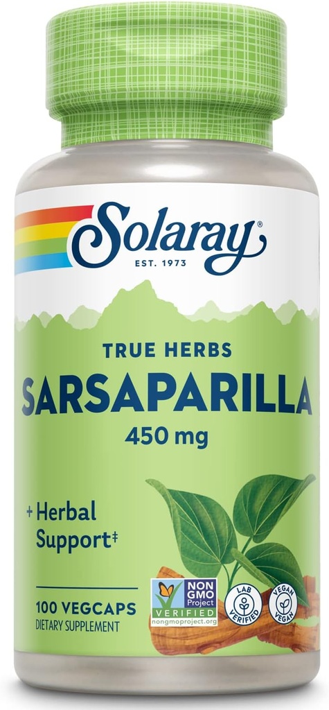 SOLARAY Sarsaparilla Root 450 mg - Traditional Herbal Support - Non-GMO, Vegan, Lab Verified - 60-Day Money-Back Guarantee - 100 Servings, 100 VegCaps