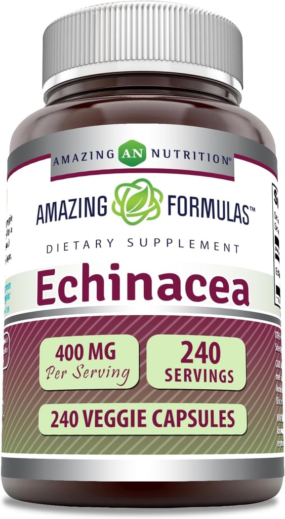 Fórmulas asombrosas Echinacea Suplemento Silencio 400 Mg per Serving TEN 240 Veggie Capsules Silencio No-OMG ANTE Gluten-Free TEN Made in USA