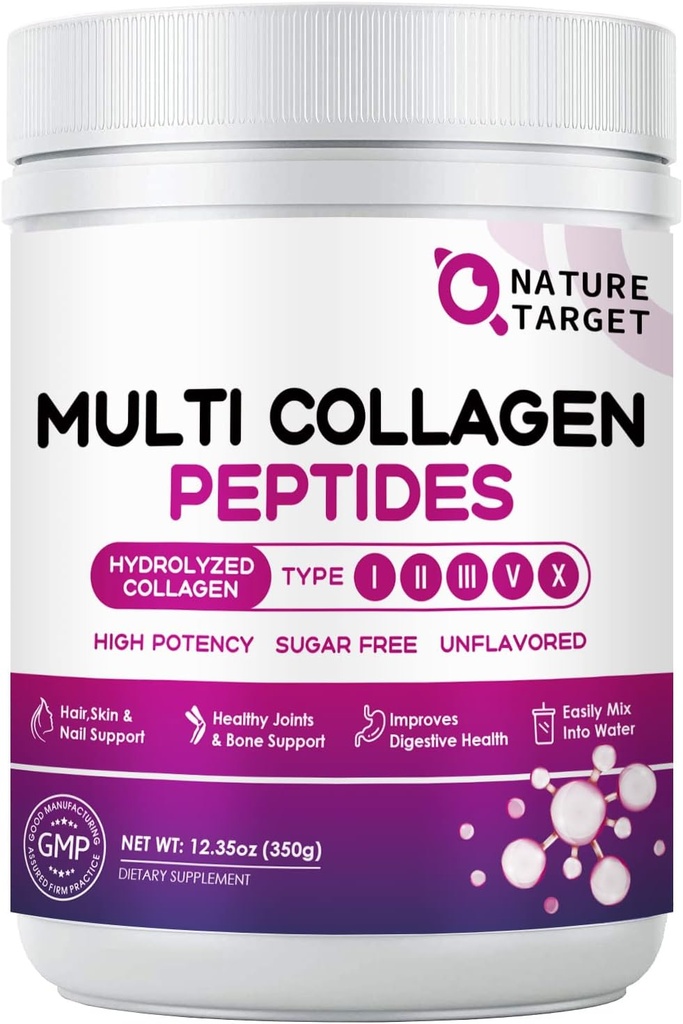 NATURE TARGET Multi Collagen Peptides Powder - Type I, II, III, V, X - Hydrolyzed Collagen Peptides with Vitamin C Hyaluronic Acid, Supports Skin Hair Nail & Joint, Grass-Fed, Non-GMO, 35 Servings