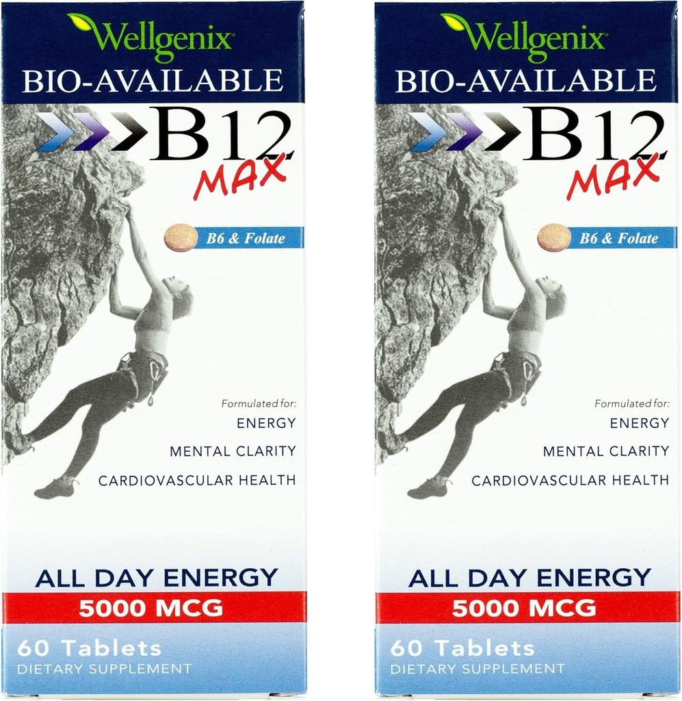 Wellgenix Bio-Available Sublingual B12 Max - Formulado para alta absorción - Multivitamina nutricional B12, B6, Folate - Fast Dissolve (60 Ct) 2 Pack