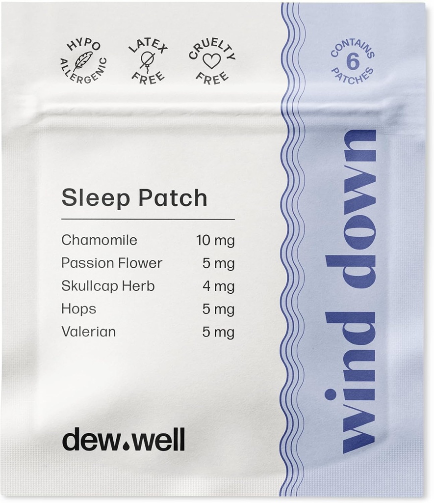Dew Well Wind Down Sleep Patches - Melatonin Free Chamomile &amp; Passion Flower Patches for Natural Rest Aids - Stress Strips for Migraine Relief - Sleep Sticker & Hot Sleeper Relief - 6 Count Clear
