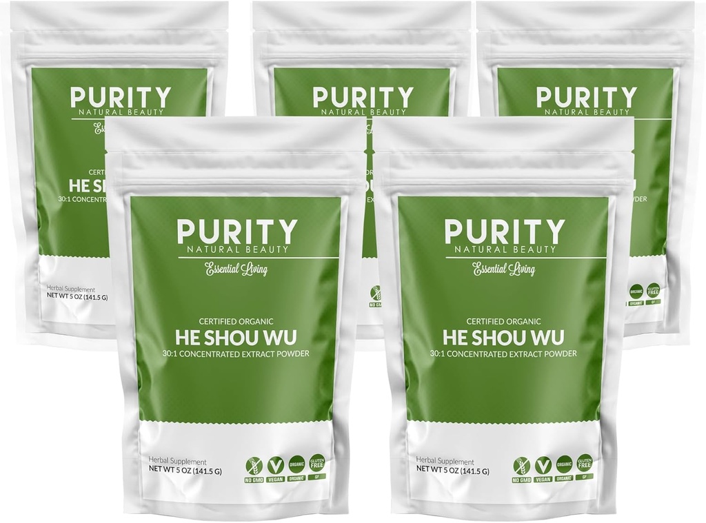 Certified Organic He Shou Wu - Grande 5oz Bolsa de 30:1 Concentrado-Fo-ti - Orgánico Foti Extracto- Fo ti He Shou Wu Orgánico (Pack of 5-25 Ounces)