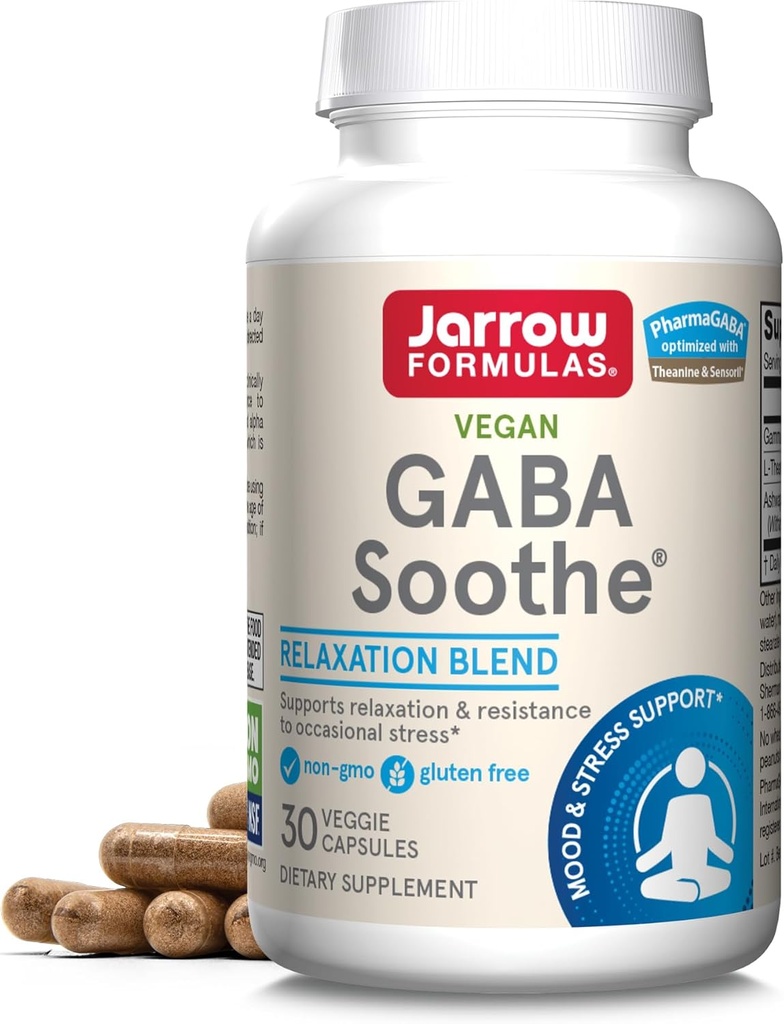 Jarrow Formulas GABA Soothe - 30 Veggie Caps - Soportes Focus, Relajación y Resistencia al Estrés - con Theanine & Ashwagandha Extracto - 30 Servidores