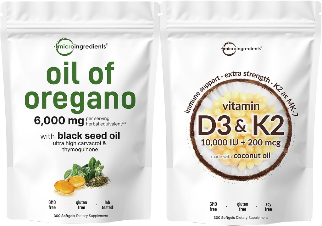 Micro Ingredientes Aceite de Oregano Softgels 6.000mg Por Serving & Vitamin D3 10,000iu + K2 200mcg Aceite de coco Softgels Bundle 2 Pack  4X Strength Carvacrol & Thymoquinon ← Esencial Sunshine Vitaminas