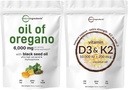 Micro Ingredientes Aceite de Oregano Softgels 6.000mg Por Serving & Vitamin D3 10,000iu + K2 200mcg Aceite de coco Softgels Bundle 2 Pack  4X Strength Carvacrol & Thymoquinon ← Esencial Sunshine Vitaminas