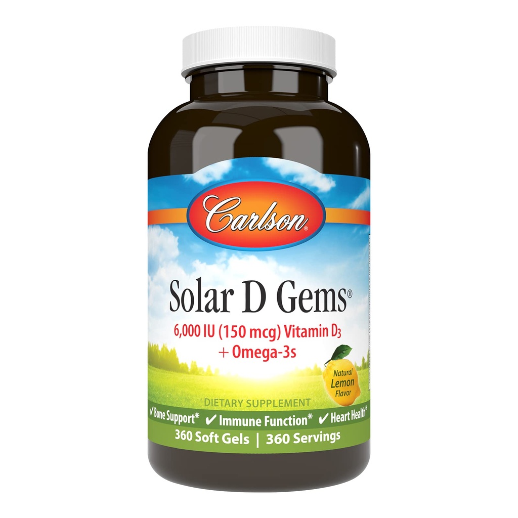 Carlson - Solar D Gems, Vitamina D3 y Omega-3 Suplemento, 6000 UI (150 mcg) Vitamina D3, 115 mg Omega-3s EPA y DHA Suplemento, Wild Caught, Sustentably Sourced, Lemon, 360 Softgels