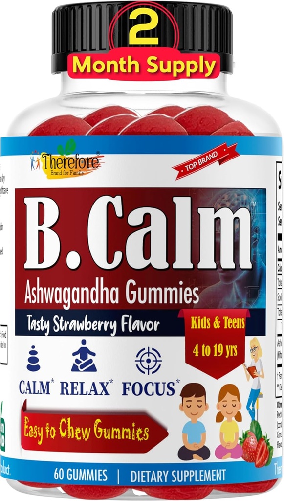Por lo tanto B.Calm Kids Focus &amp; Atención Gummies - Anti-Stress, Memory, Mood & Relax- Natural Calm Ashwagandha para niños y adolescentes – Focus Vitaminas para adolescentes – Strawberry Flavor, 60 ct