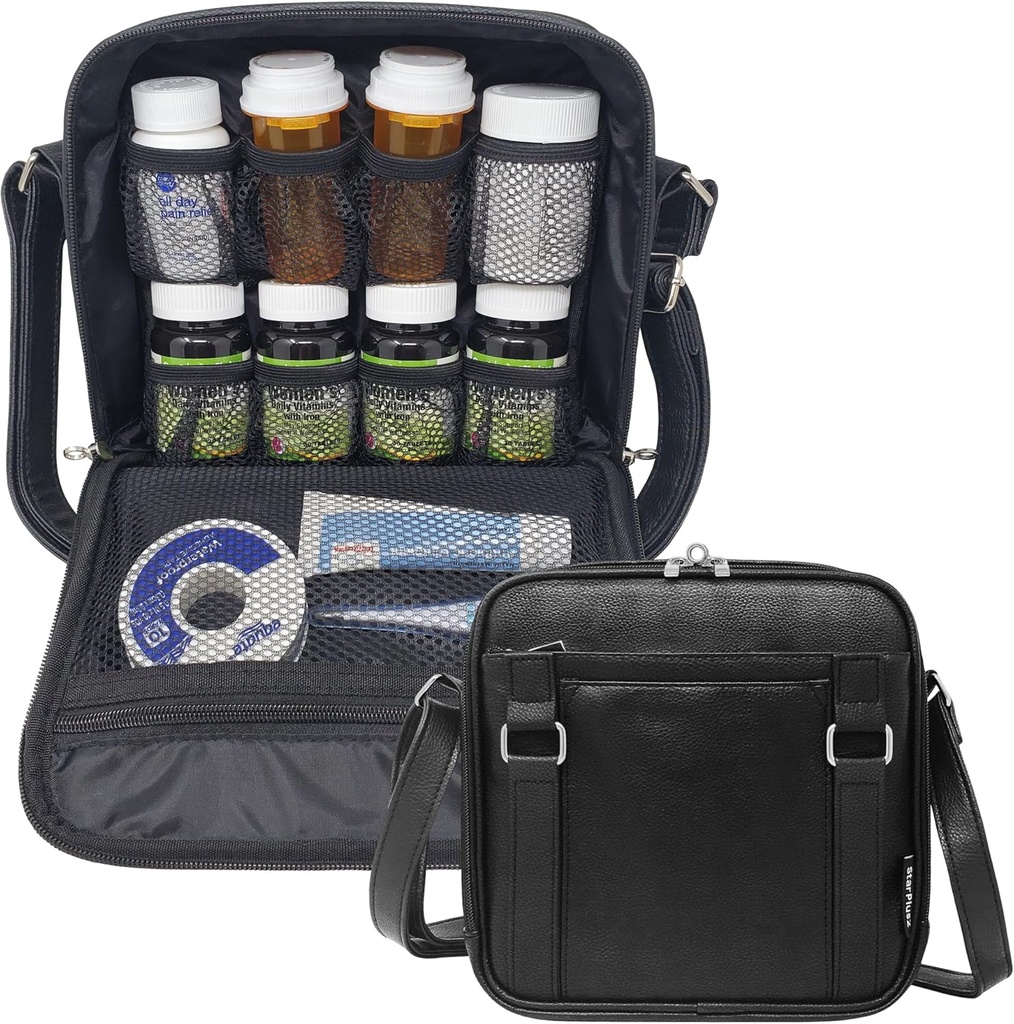 Mediana 2-en-1 Organizador de botellas, Cruzbody PU Piel Purse para Mujeres, Bolsa de Medicina, Caso, Transportador de Medicamentos, Organizador de Medicina de Viajes, Bolsa de Med - Negro (sin bloqueo)