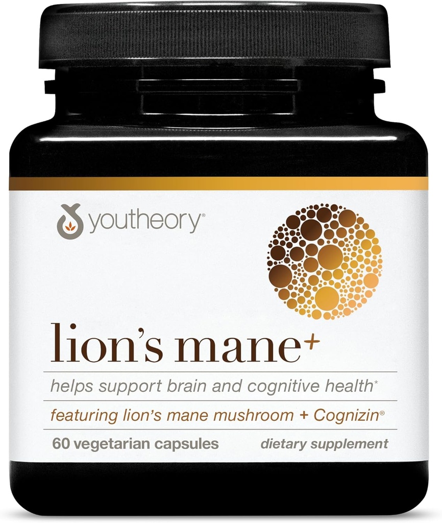 Youtheory Lion's Mane Plus - Suplemento de novio con Cognizin - Ofertas Focus &amp; Brain Support* - 60 cápsulas vegetarianas