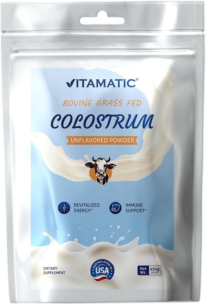 Vitamatic Bovine Colostrum 30% IgG Powder 16 OZ (454 Gram) - Suplemento para Gut Health, Hair Growth, Beauty, Muscle Recovery, &amp; Immune Support - Easy to Mix - (Unflavored)