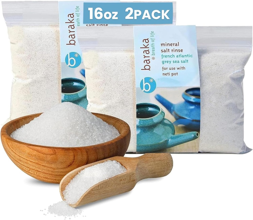 Baraka Ceramic Neti Pot Sinus Rinse with Mineral Sea Salt - Saline Solution - Pareja con su cerámica Neti Pot - Sinus Care Rinse - Nose Rinse - Nasal Salt - Mineral Sea Salt Rinse (16 oz - 2 Pack)