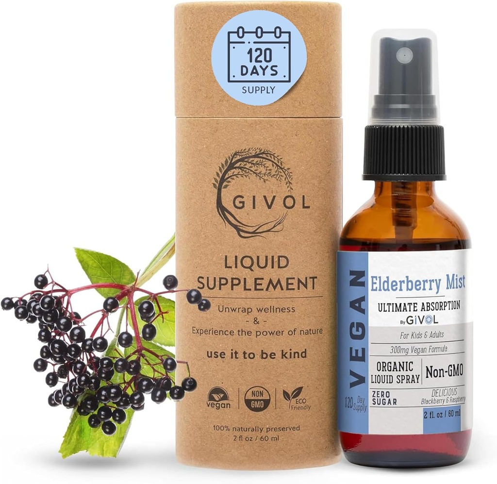 Elderberry Mist (Sambucus Nigra) Extracto líquido – Boost de Inmune de Fuerza Extra para Adultos Niños – Niveles altos de Flavonoide, Absorción Fácil, No GMO, Vegan – Suministro de 120 Días