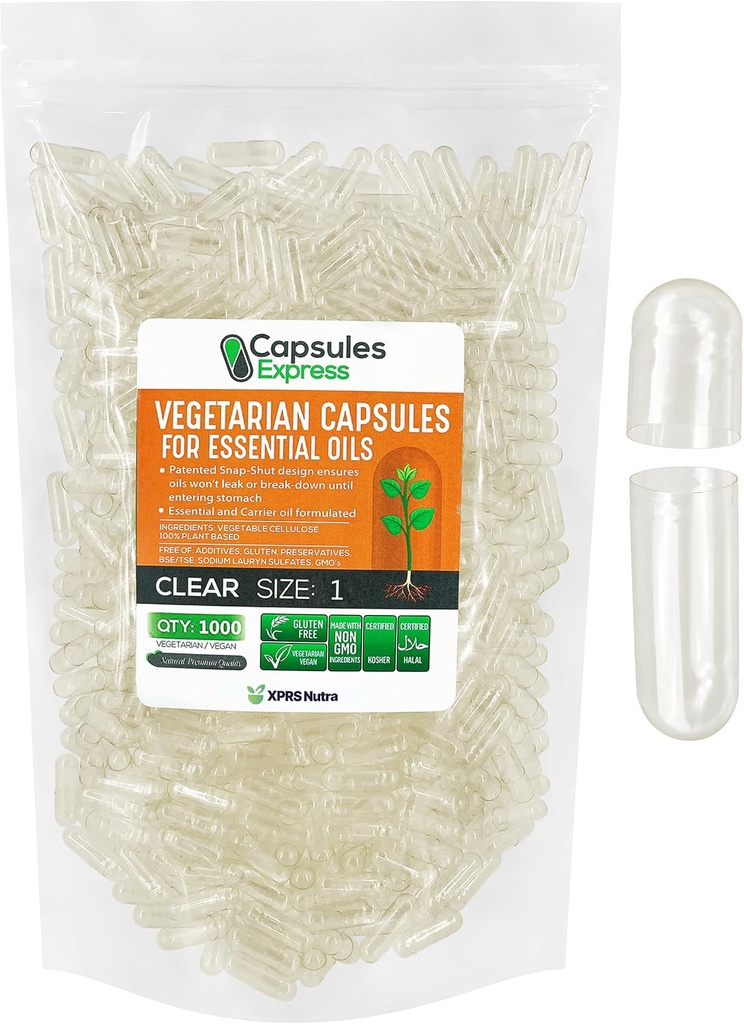 XPRS Nutra Tamaño 1 Empty Vegan Capsules - 1000 Conde de verduras claras cápsulas para aceites más esenciales - Píldoras vegetales vacías - relleno de aceite DIY