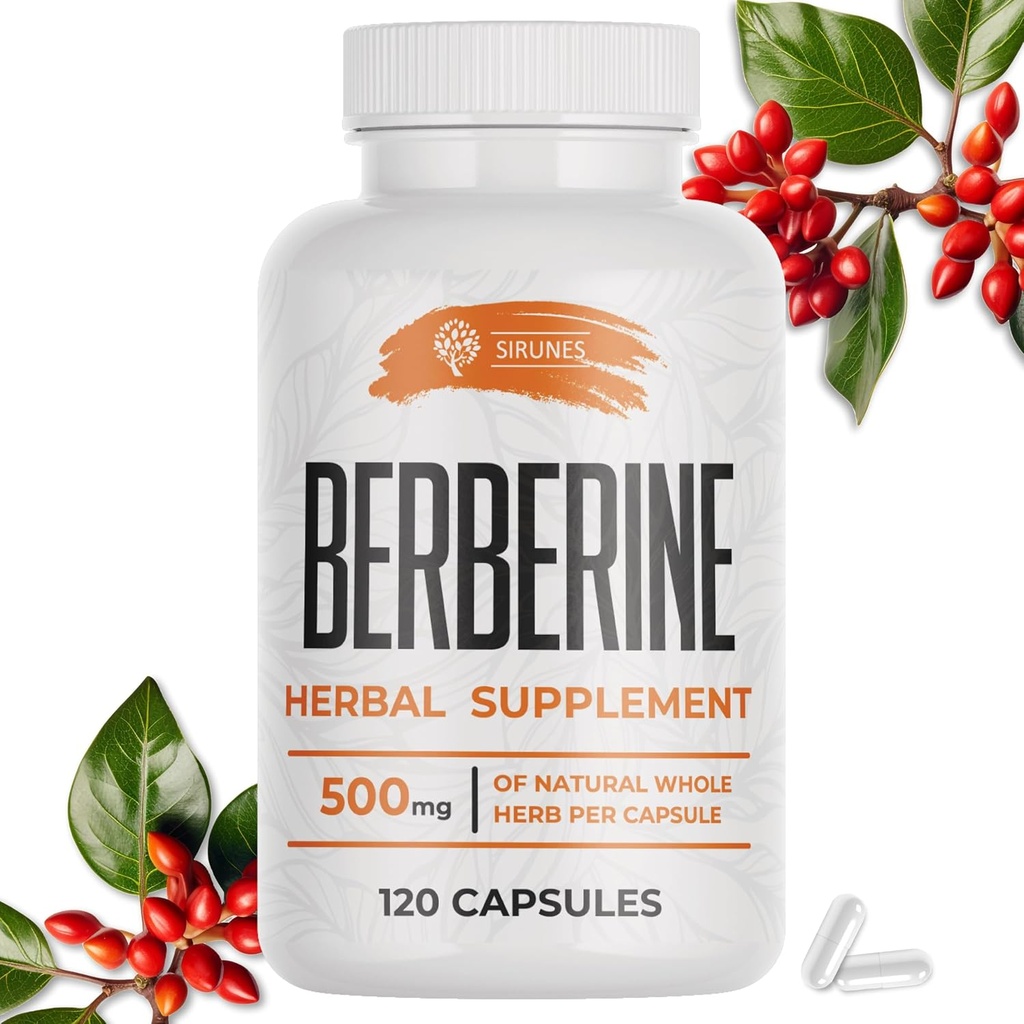Suplemento bereberina SIRUNES – Suplemento dietético bereberino HCL para hombres y mujeres – bereberina no GMO 500mg – Ideal para soporte inmunitario, corazón, niveles de colesterol 120 cápsulas