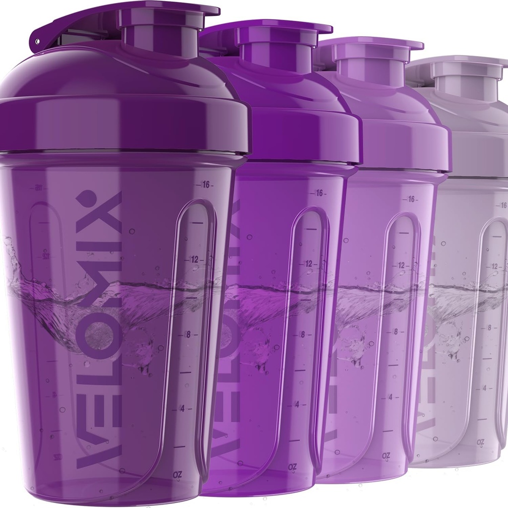 VELOMIX -4 PACK- 20 OZ Protein Shaker Bottles for Protein Mixes, Shaker Cups for Protein Shakes, Small Shaker Bottle Pack, Shaker Cup, Shakers for protein Shakes (Purple Bloom)
