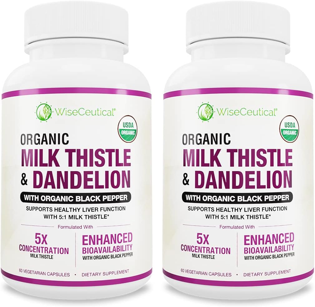 Max Absorption USDA Organic Milk Thistle Potent 5:1 Concentrated Extract (2000mg Strength) & Organic Dandelion Root ← Silymarin Antioxidant Flavonoid ← Liver Support Supplement (60 Count (Pack of 2))