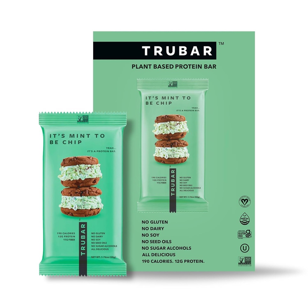 TRUBAR Vegan Protein Bares - Soy Gratis, Dairy Free, Gluten Free Protein Bars - No Sugar Alcoholes - No GMO - 12g de Proteína - Es Mint Ser Chip - 12 Conde