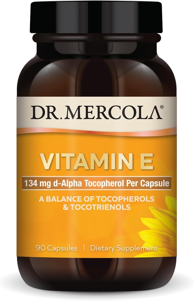 Dr. Mercola Vitamina E, 90 Servings (90 Capsules), 134 mg Por Cápsula, Suplemento dietético, Apoyos Esquí sano, No GMO