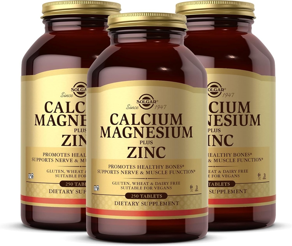 Solgar Calcium Magnesium Plus Zinc - 250 Tablets, Pack of 3 - Promueve Huesos saludables, soporta la función Nerve & Muscle - No GMO, Vegan, Gluten Gratis - 250 Total Servings