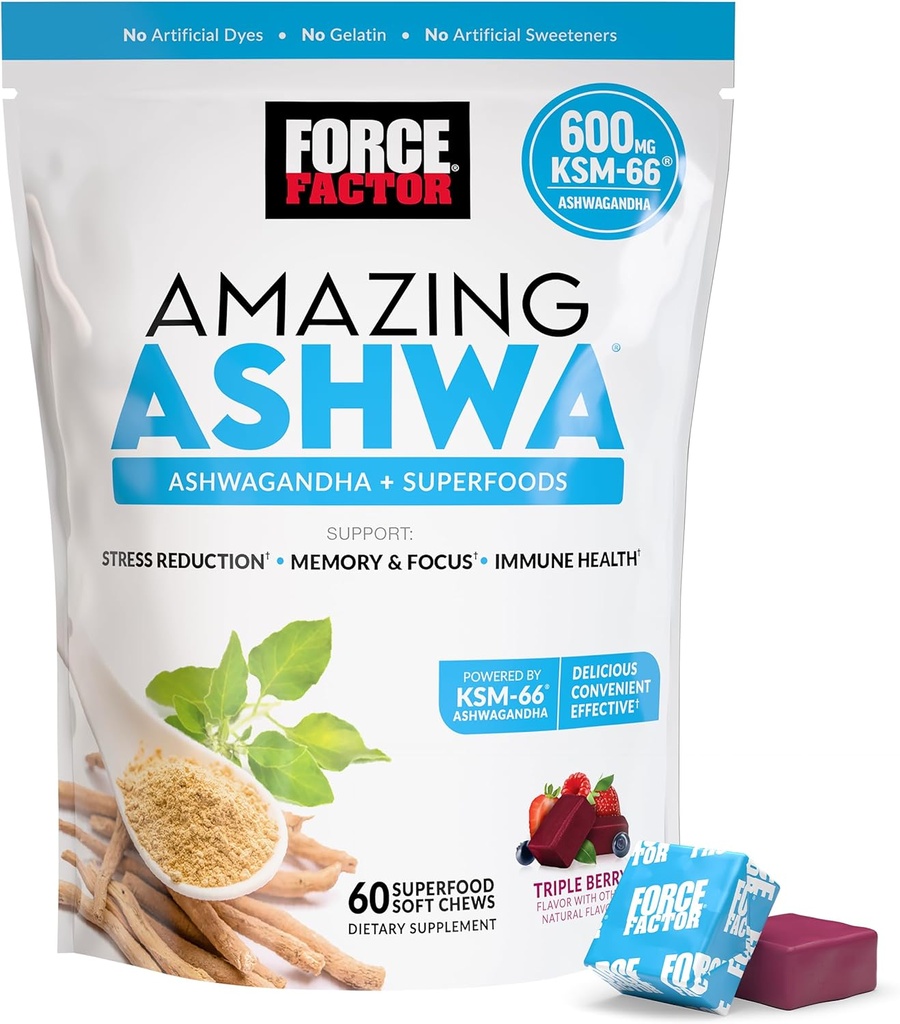 Factor de fuerza Asombroso Ashwa para el alivio de estrés, memoria, foco y apoyo inmunitario Salud, Ashwaganda Suplemento con KSM-66 Ashwagandha para estrés, 60 cerdas suaves