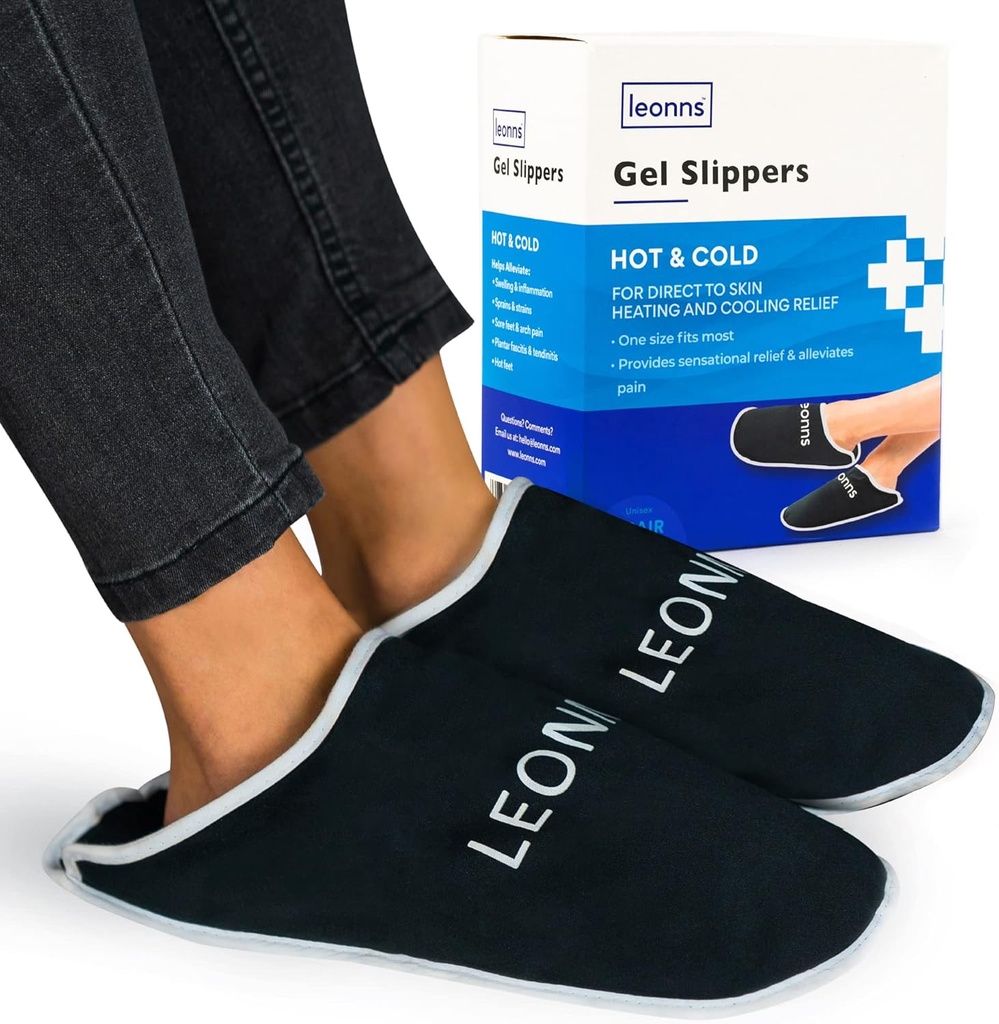 Zapatillas Gel Ice Pack - Proporciona terapia caliente y fría para el dolor de pie, Neuropatía Dolor Alivio para Pies, Alivio de Gout, Pies hinchados, Fasciitis de plantar y Espurs de tacón- Una Talla Más (Negro)