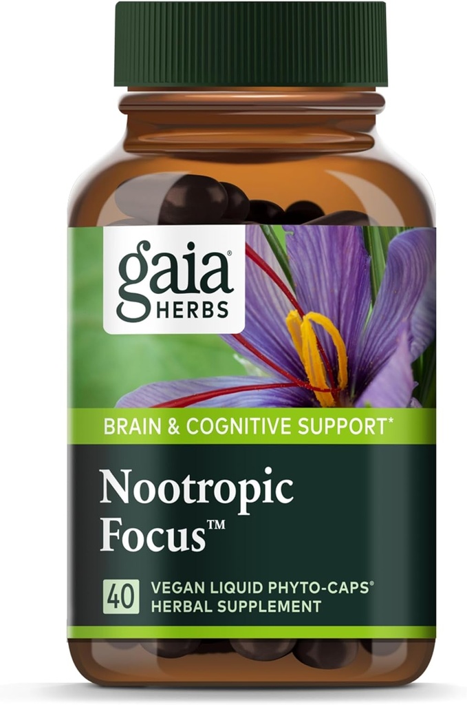 Gaia Herbs Nootropic Focus - Brain " Cognitive Support Supplement to Help Maintain Healthy Concentration* - with Saffron, Lemon Balm " Spearmint - 40 Liquid Phyto-Capsules (Up to 20-Day Supply)