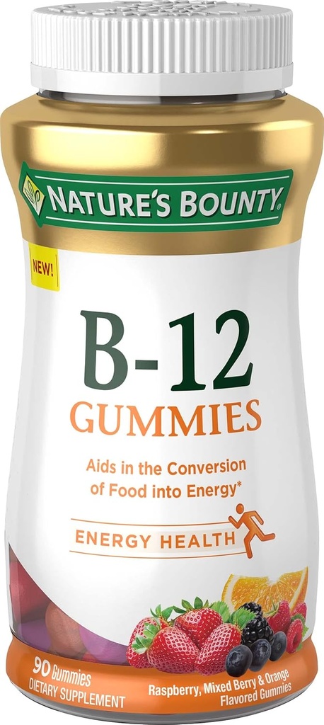 Bounty Vitamina B12 Gummies, Suplemento dietético, apoya el metabolismo energético y la salud del sistema nervioso, sabor mixto de baya, 500mcg, 90 Gummies