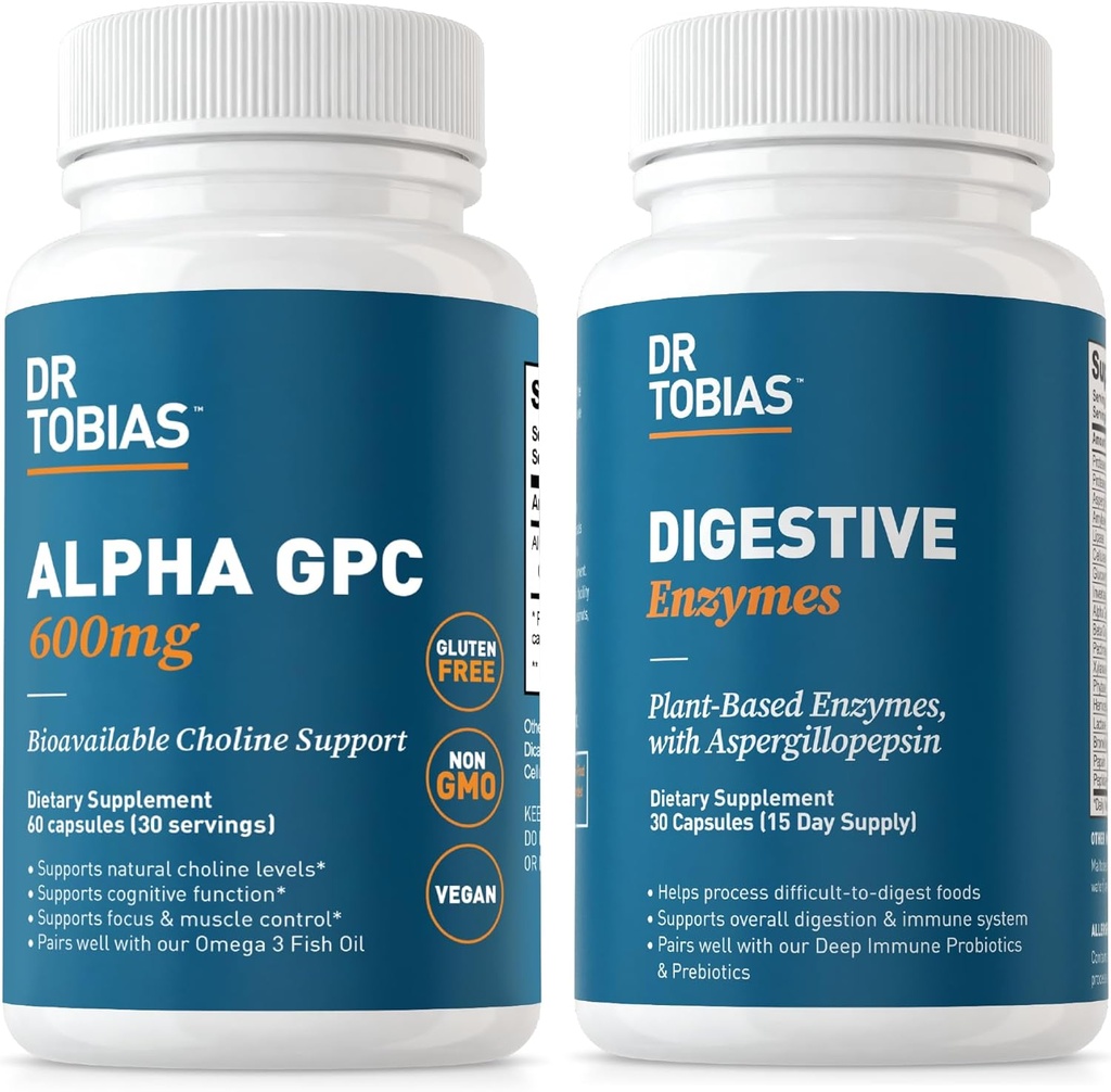 Dr. Tobias Alpha GPC " Enzymes Digestivos - Apoyo Función Cognitiva " Salud Gut todos los días con suplemento de línea biodisponible " Enzimas Premium para la Digestión, No GMO