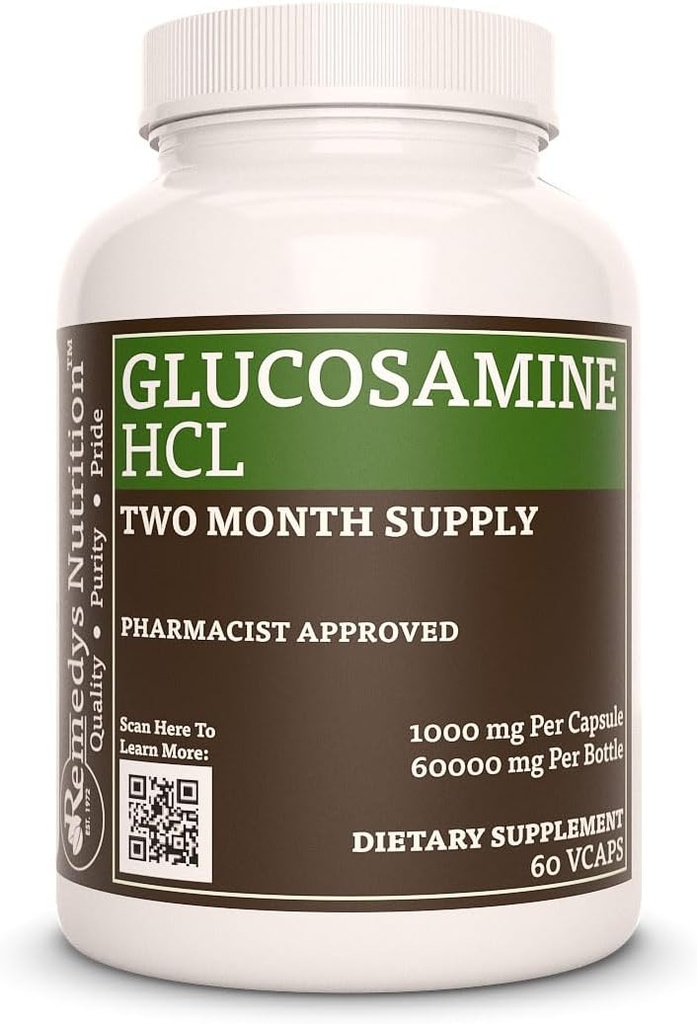 Glucosamina Nutrición de Remedy HCL tómese 1.000 mg, 60 cápsulas veganas Suplemento dietético TENIDO Dos meses de suministro