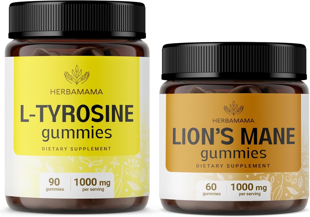 HerbAMAMA L-Tyrosine y Lion's Mane Kit - Bundle of 1000 mg L-Tyrosine &amp; 1000 mg Lion's Mane Gummies - Vegan, Non-GMO, Gelatin-Free - 2 Pack