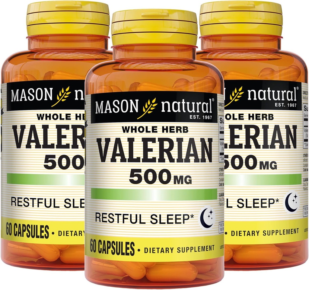 MASON NATURAL Valerian Root 500 mg, 6 Mes de Suministro, Natural Sleep Aid, Promueve el sueño saludable y resentido, Suplemento Herbal, 3 Pack