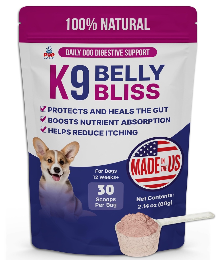 K9 Belly Bliss, All-Natural Gut Health for Dogs, Vet Prebiótico aprobado para perros para soporte digestivo diario y alivio del estreñimiento de perros, Fácil de usar Topper para comida seca y húmeda, 30 Scoops.