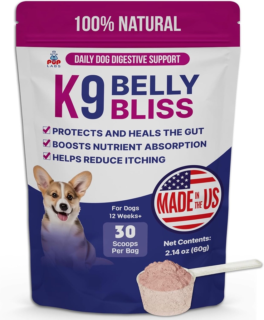 K9 Belly Bliss, All-Natural Gut Health for Dogs, Vet Prebiótico aprobado para perros para soporte digestivo diario y alivio del estreñimiento de perros, Fácil de usar Topper para comida seca y húmeda, 30 Scoops.