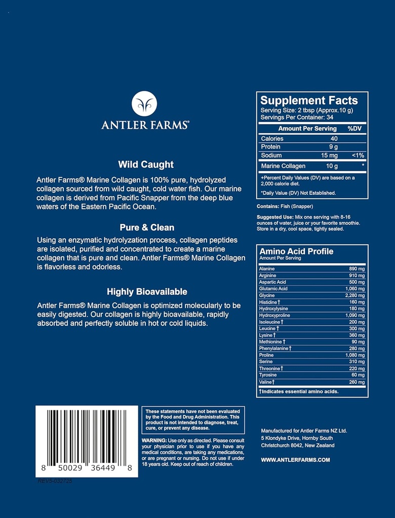 Antler Farms - 100% Pure, Clean Marine Collagen Powder de Wild Caught Pacific Snapper, 12 oz – Soluble en líquidos calientes o fríos, altamente biodisponibles, rápida absorción, sin sabor o olor