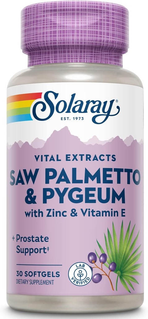 SOLARAY Saw Palmetto y Pygeum - Saw Palmetto para Hombres w / Pygeum Bark, Zinc, Vitamina E, Pumpkin Seed Oil - Suplementos de próstata para Hombres w / Beta Sitosterol - Garantía de 60 días - 30 Serviciones, 30 Softgels
