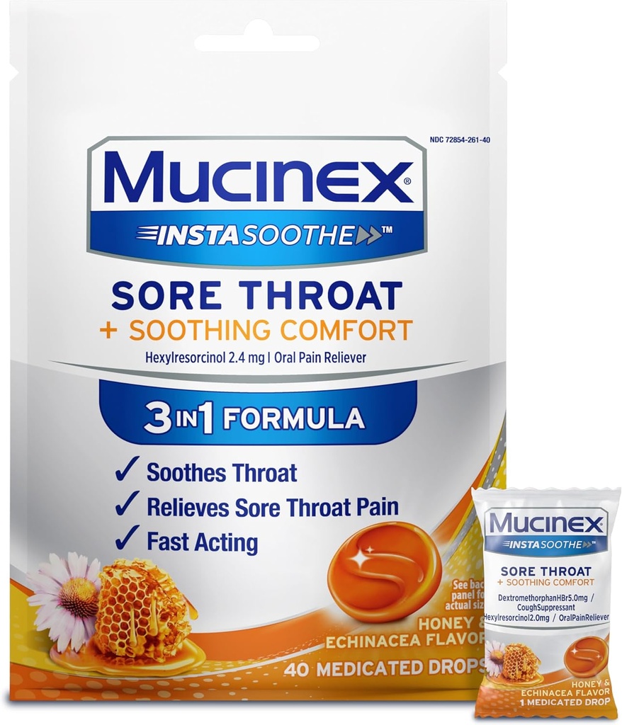 Mucinex Instasoothe Sore Throat Relief Drops, Sore Throat Lozenges, Sore Throat Medicine with Hexylresorcinol, Cough Drops Alternative, Honey &amp; Echinacea Flavor, 40 ct