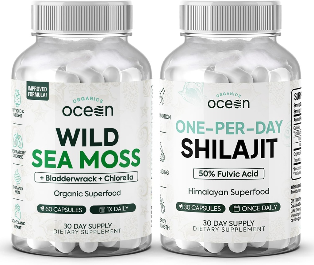 Organics Ocean Wild Sea Moss Capsules and One-per-Day Shilajit for Men and Women - 100% Irish Sea Moss and Pure Shilajit Capsules - Thyroid Support for Women and Men