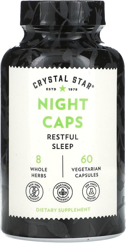 Cristal Star Night Caps Natural Sleep Aid Supplement (60 Capsules) – Herbal Non-Habit Forming – Valerian Root, Kava &amp; Passion Flower – Non-GMO