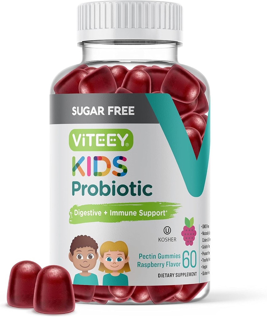 Viteey Probiotic Gummies for Kids - 2 Billion CFUs - Probioticos Kids Constipation Relief, Natural Immune & Digestive Health Support - Vegan, Gelatin Free, GMO Free - Tasty Chewable Raspberry Flavored
