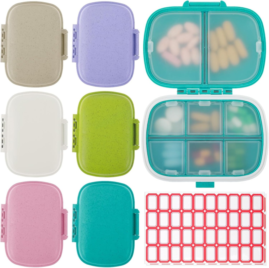 6 Pack Travel Pill Organizer 8 Compartments Portable Pill Case with Label Small Pill Container for Pocket Purse Medicine Storage Dispenser Waterproof Vitamin Holder Pill Supplement Case