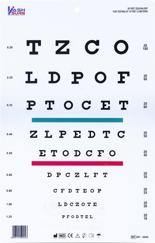 Snellen Chart con Red Green Lines 10 pies 9 X 14 pulg.