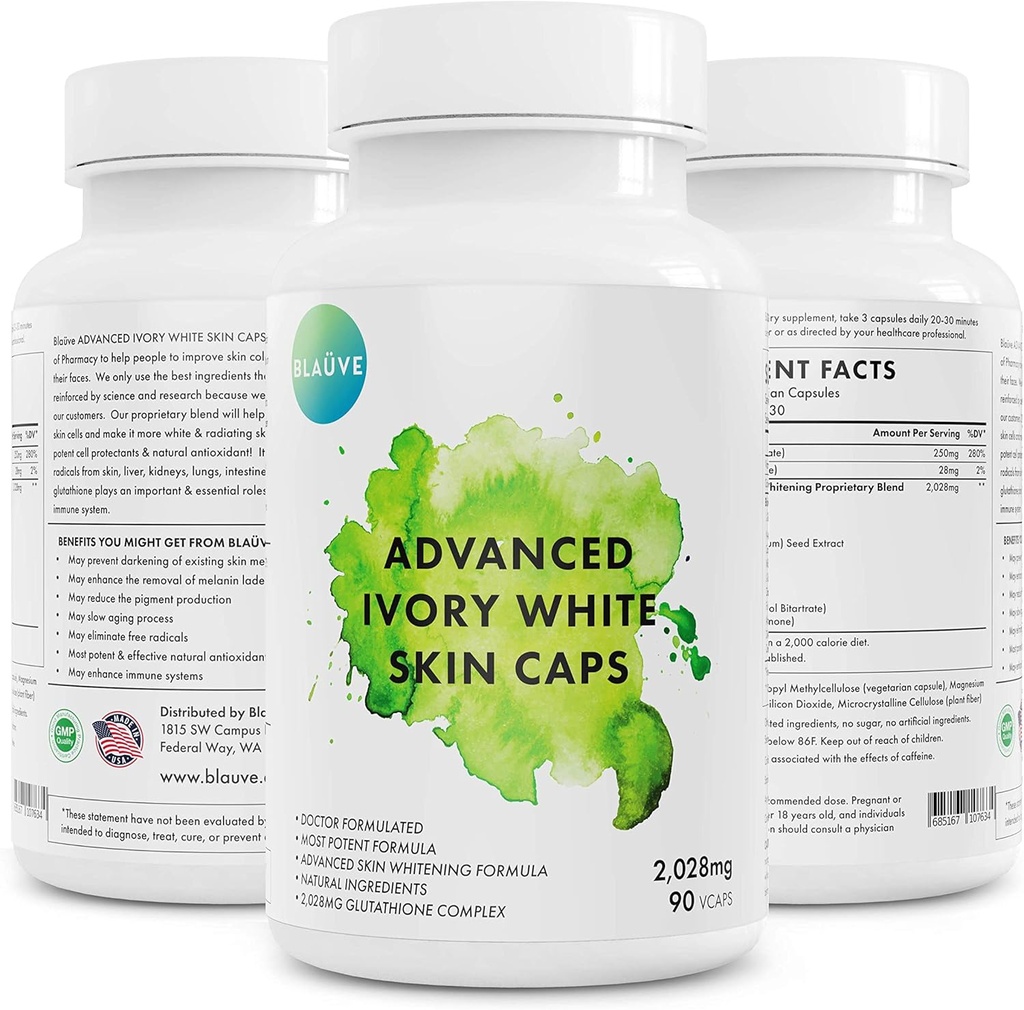Advanved Ivory White Skin Caps- Maximum Potency 2028 mg Glutathione Skin Whitening 90 Capsules- GSH - Best Whitener- Whitens/Lightens Your Skin Tone-Natural Dark Spot Remover-Doctor Formulated